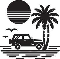 Classic Car Parked on a Beach with Palm Tree Shadows vector