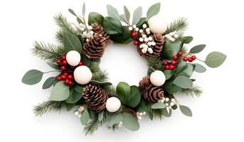 A wreath with pine cones, berries and eucalyptus leaves photo