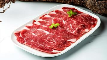 Sliced beef on a white plate with a leaf photo