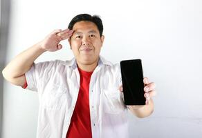 Man Saluting with showing his Smartphone photo