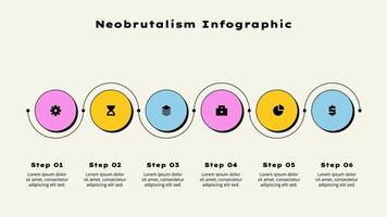 Six horizontal circle elements. Concept of 6 options of business development process. Timeline illustration. Neobrutalism infographic template vector