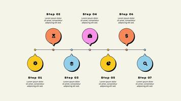 Seven horizontal circle elements. Concept of 7 options of business development process. Timeline illustration. Neobrutalism infographic template vector