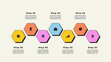 Seven horizontal hexagons elements. Concept of 7 options of business development process. Timeline illustration. Neobrutalism infographic template. vector