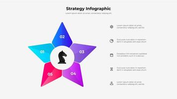 Infographic design featuring a star layout, a central knight chess piece, and numbered sections. Accompanied by icons and text, perfectly fit for illustrating business or planning strategies vector