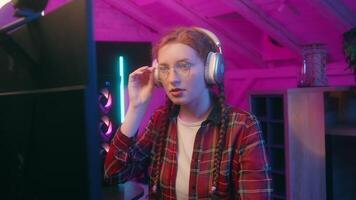 Teen woman girl female lady gamer streamer gaming addiction night insomnia blogger influencer coder programmer student online studying overwork playing computer game feel headache pain migraine video