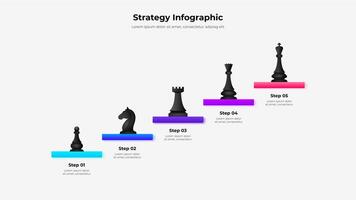 Infographic business strategy steps with chess pieces arranged in ascending hierarchy. Strategic planning and progression concepts effectively vector