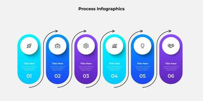 Six steps infographic design with gradient colors and icons representing workflow, steps, and processes, ideal for presentations or project planning vector