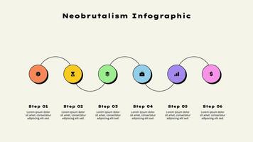 Six horizontal circle elements. Concept of 6 options of business development process. Timeline illustration. Neobrutalism infographic template vector
