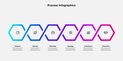 Infographic 6 steps process with hexagons elements, suitable for business, marketing, or academic use in visualizing workflows, strategies, or concise step-by-step instructions vector