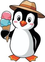 Penguin with ice cream and hat vector