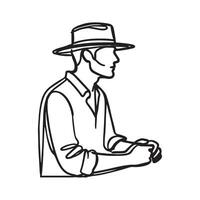 Single one line a man in profile wearing a wide-Black brimmed hat silhouette on white background vector