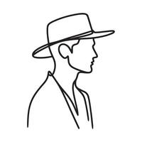 Single one line a man in profile wearing a wide-brimmed hat black silhouette white background vector