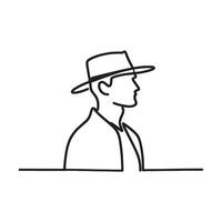 Single one line a man in profile wearing a wide-brimmed hat silhouette on white background vector