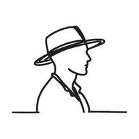 Single one line a man in profile wearing a wide-brimmed hat silhouette white background vector