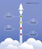 minimalist infographic template with a rocket flying above the clouds and icons for your business, white color design and smooth blue background with four steps vector