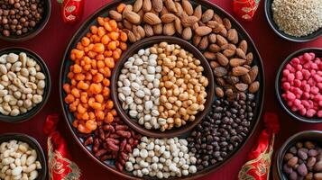 Assorted Nuts Seeds And Candies Arranged On A Tray photo
