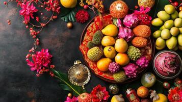Festive Fruits Flowers and Decorations for Lunar New Year photo