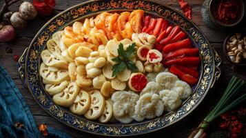 Assorted Pickled Vegetables Arranged on Ornate Platter photo