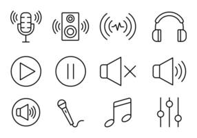 Audio button thin line icon set. Musical instrument symbol, linear sound and volume icon set. loudspeaker, mute, microphone, headset. sound, speaker volume, play, , pause, equalizer, vector