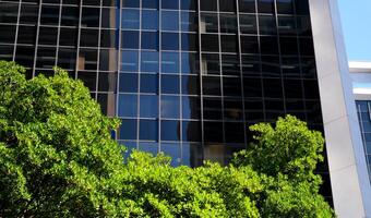 Eco-friendly building in the modern city. Sustainable glass office building with trees for reducing heat and carbon dioxide. Office building with green environment. Corporate building reduce photo