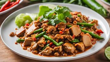 Stir fried sliced pork and red curry paste with sting bean in white plate pad prik gaeng photo