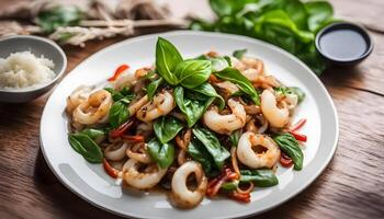 Stir fried Squid and basil on white plate.Fried spicy basil leave with Soft Cuttlefish photo