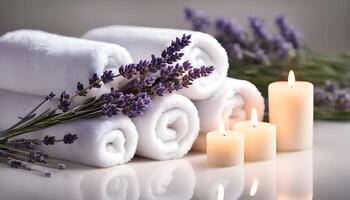 White spa towels pile with lavender and candles on white background photo