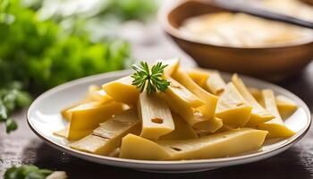 Close up sliced yellow Pickled bamboo shoots on white plate photo