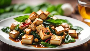 Stir fried basil with tofu.stir fry deep fried hard tofu soy bean curd with basil leaves and chilli garlic in white plate.Vegetarian food. photo