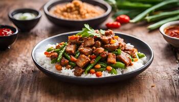 Stir fried pork belly and red curry paste with sting bean photo