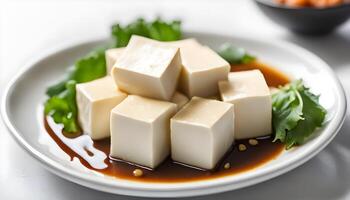 Fresh White Tofu soy bean curd on white plate photo