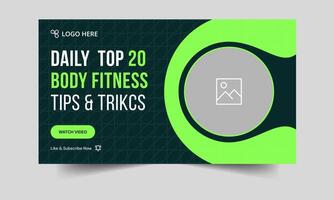 Editable body fitness thumbnail banner design, daily workout tips and tricks cover banner design, fully customizable eps 10 file format vector