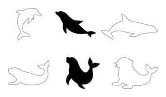 jumping dolphins, seals, and orca in a beautiful silhouette bundle, perfect for marine-themed prints, digital designs, and nature-inspired ocean projects vector