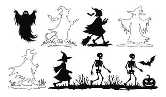 spooky halloween night scene with witches, ghosts, skeletons, and bats in a creepy silhouette bundle, perfect for horror decorations, haunted house designs, and eerie artwork vector