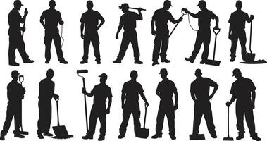 Set of black silhouette workers using tools and performing labor tasks vector