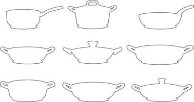 Set of kitchen pots and pans in outline design style vector