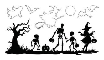 haunted halloween night scene featuring skeletons, witches, pumpkins, bats, and a spooky tree in a dark silhouette bundle, perfect for eerie designs and horror decorations vector