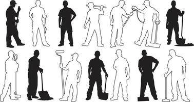 Set of black and white silhouette poses of workers in action bundle vector