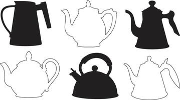 Set of black silhouette teapots and kettles in different poses vector