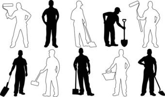 Worker silhouette poses with various tools and equipment bundle vector