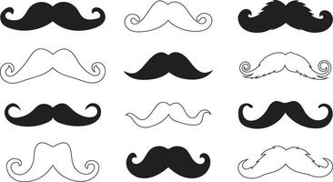 Set of mustache illustrations in black and white outline form vector