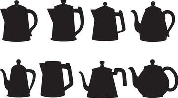 Set of black silhouette teapots and kettles in various angles vector