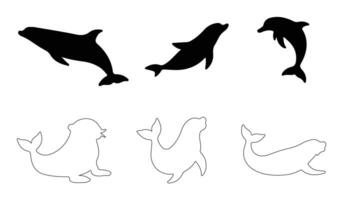 collection of dolphins, seals, and ocean animals in a high-quality silhouette bundle, ideal for marine wildlife illustrations, digital artwork, and underwater-themed designs vector