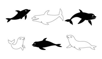 collection of sea animals including killer whale, shark, dolphin, and seal in silhouette bundle, perfect for marine-themed designs, illustrations, and creative projects vector