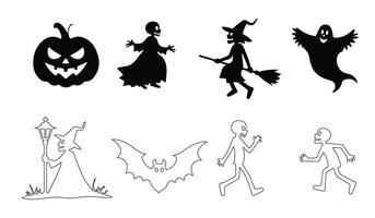 halloween-themed silhouette bundle with ghosts, witches, bats, jack-o-lanterns, and zombies, perfect for spooky decorations, horror illustrations, and eerie designs vector