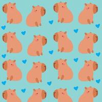 Cute capybaras Cozy seamless pattern with capybara hearts on a blue background. Textile, wrapping paper, wallpaper design. Print for fabric. Children background. vector