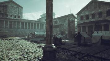 Ancient marketplace with stone pathways and tents near classical architecture video