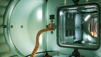 Interior view of a space station module with connecting tubes and equipment video