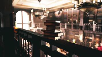 Stacked books on a railing in an old library filled with charm and history video