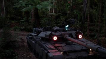 Military tank on a jungle path during twilight hours video